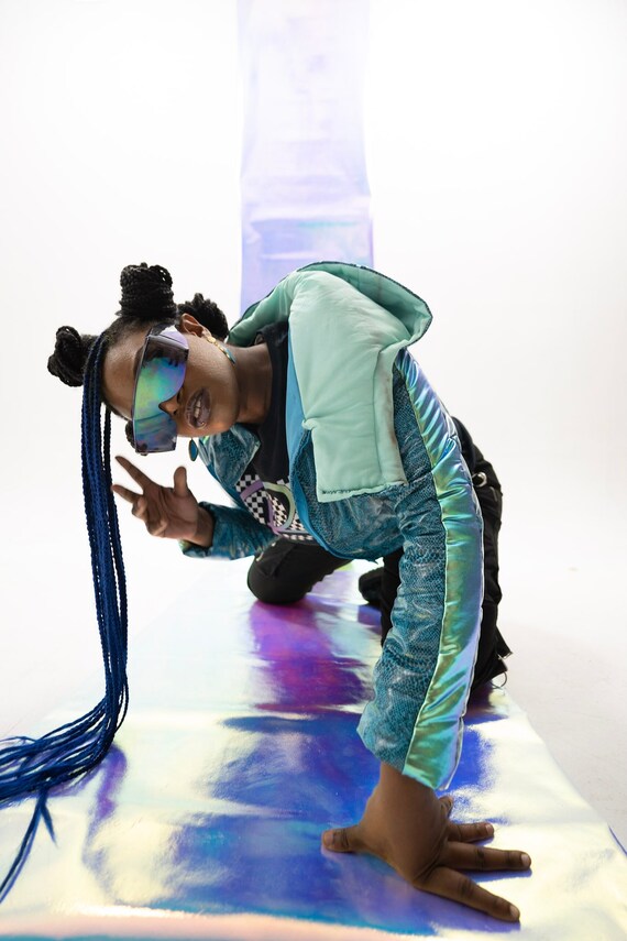 Blue holographic jacket clearance