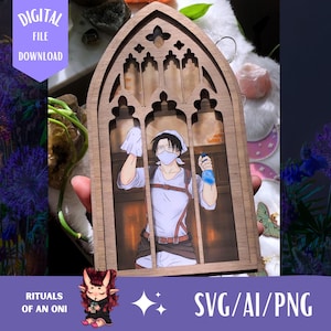 May include: A wooden frame with an arched top and a cutout design, featuring an anime-style illustration of a person cleaning. The person is wearing a mask, apron, and holding a spray bottle and a cloth. Text on the image reads "DIGITAL FILE DOWNLOAD" and "SVG/AI/PNG".