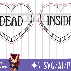 May include: Two black and white heart-shaped signs with the words "DEAD" and "INSIDE" written in a gothic font. The signs are set against a white background with a black gate.