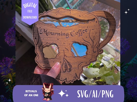 Mourning Coffee Skull SVG, Laser Ready SVG for Glowforge and Other Lasers, Multilayer Gothic Decor Cut File, Coffee Bar Decor