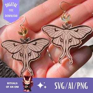 Fichier SVG de boucles d'oreilles Luna Moth, svg prêt pour le laser, Luna Moth SVG, svg sorcière, fichier laser Glowforge, boucles d'oreilles découpées au laser, SVG fantaisiste, papillon de nuit png