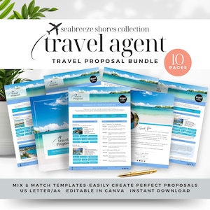 May include: A set of 10 printable travel proposal templates in a blue and white color scheme. The templates are designed for travel agents and feature a tropical island theme. The text on the templates reads "Travel Proposal" and "Seabreeze Shores Collection".
