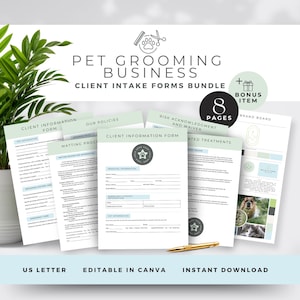Può includere: Un set di otto moduli di registrazione clienti per un'attività di toelettatura per animali domestici stampabili in uno schema di colori verde e bianco. I moduli includono informazioni sul cliente, riconoscimento dei rischi e rinuncia, procedure di annodamento e trattamenti correlati. I moduli sono modificabili in Canva e sono disponibili per il download immediato.