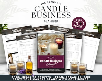 May include: A candle business planner titled "The Complete Candle Business Planner" with a "Blueprint" subtitle. The planner includes sections on candle types, product line planning, and social media content. The image also shows candles, oil, and lavender.