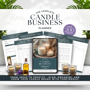 May include: A digital planner for candle businesses with over 200 pages. The planner includes sections for candle types and design, product line planning, social media content calendar, target market identification, performance indicators, and mission statement. The cover features a digital tablet with a candle business blueprint planner on the screen and three lit candles on a wooden surface.