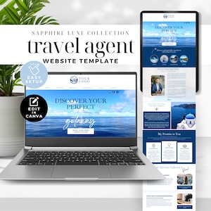 May include: A laptop computer displaying a website template for a travel agent. The website features a blue and white color scheme with images of a beach and a Greek island. The text on the website reads "Discover Your Perfect Getaway" and "Book Your Free Consultation".
