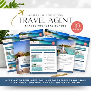 May include: A set of 10 printable travel proposal templates for travel agents. The templates are designed to be easily customized in Canva and are available in US Letter and A4 sizes. The image shows a sample template with a tropical island theme.