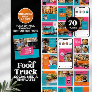 Szablon mediów społecznościowych dla food trucków, szablon na Instagrama, gotowe treści dla Ciebie, edytowalne, łatwe angażujące posty Canva, właściciel firmy, różowy, turkusowy
