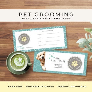Certificado de regalo para peluquería canina, cupón editable para salón de mascotas, plantilla de tarjeta de regalo, certificados personalizables e imprimibles, gato, Canva, verde, PG1