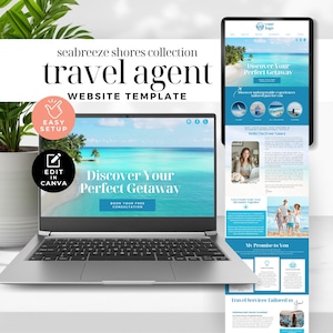 May include: A website template for travel agents, featuring a laptop with a beach scene and the text "Discover Your Perfect Getaway". The template is designed to be easy to set up and edit in Canva. The website also includes a section for travel services tailored to you.