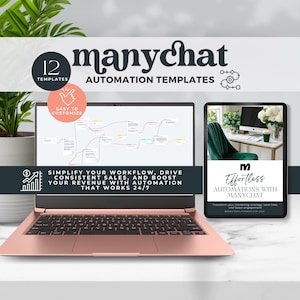 Peut inclure: Un ordinateur portable rose avec un écran blanc affichant un organigramme pour un modèle d'automatisation marketing. L'écran affiche également le texte "manychat" et "MODÈLES D'AUTOMATISATION". L'ordinateur portable est posé sur une surface blanche. Une tablette est à côté de l'ordinateur portable, affichant un graphique d'un bureau avec un ordinateur portable et une chaise verte. L'écran de la tablette affiche également le texte "Automatisations sans effort avec manychat".