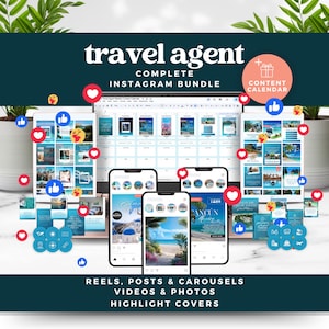 May include: A digital marketing kit for travel agents featuring a laptop screen displaying a content calendar with various social media posts, reels, and carousels. The kit includes a content calendar, highlight covers, videos, and photos. The text "travel agent complete instagram bundle" is displayed on the image.