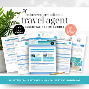 Lot de modèles de devis pour agent de voyages, facture, formulaire de réception du client, questionnaire de demande, formulaires de réservation, autorisation de carte de crédit, Canva, TB6