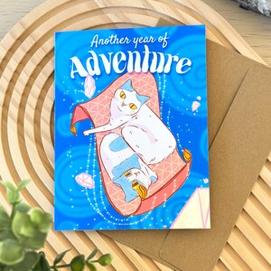 Otro año de aventuras / Tarjeta de gatos lindos, tarjeta de felicitación, tarjetas de celebración, tarjeta de felicitación de hito, tarjeta de deseos, ilustración impresa de gatos