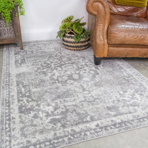 Grey Distressed Oriental Area Rug Traditional Bordered Living Room Bedroom Mat Kitchen Dining Area Runner Rug