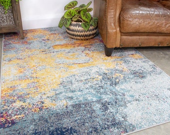 Navy Blue Distressed Abstract Area Rug Yellow Ochre Living Room Kitchen Dining Area Mat Soft Bedroom Runner Rugs