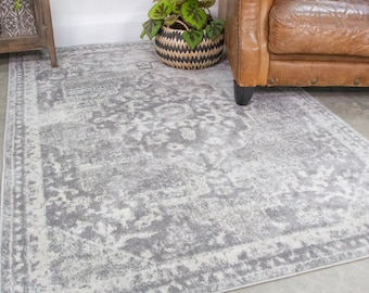 Grey Distressed Oriental Area Rug Traditional Bordered Living Room Bedroom Mat Kitchen Dining Area Runner Rug