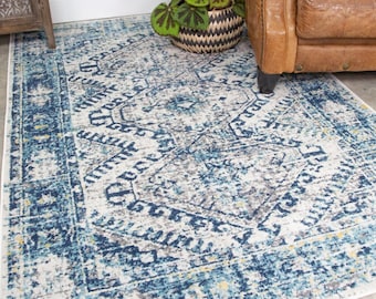 Tapis oriental traditionnel bleu marine ocre, tapis de salle à manger en effet vieilli pour salon, cuisine, tapis géométriques doux pour chambre à coucher