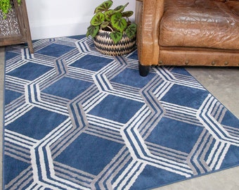 Navy Blue Geometric Area Rug Soft Silver Grey Living Room Kitchen Dining Area Mat Bedroom Runner Rugs