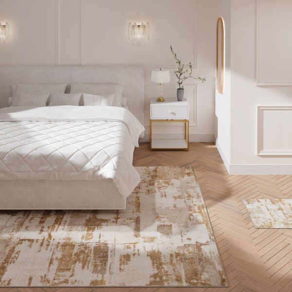 Neutral Beige Braun Pinselstrich Distressed Abstrakte Schlafzimmer Teppich Super weicher strukturierter Flor Wohnbereich Läufer