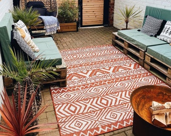 Tapis de patio de jardin géométrique orange tissé à plat, tapis lavable d'intérieur et d'extérieur aztèque