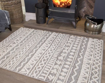 Grey Cream Aztec Boucle Shaggy Area Rug Large Living Room Bedroom Carpet Soft Textured Pile Scandi Hallway Runner Rugs