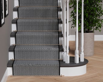 Black White Monochrome Chevron Herringbone Stair Carpet Soft Cut To Measure Stair Runner | Sold Per Foot | 60cm or 70cm Wide