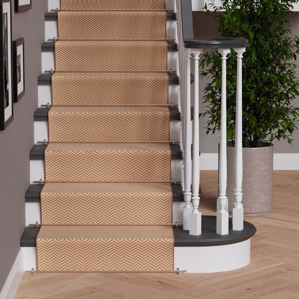 Neutral Tan Chevron Herringbone Stair Carpet Soft Cut To Measure Stair Runner | Sold Per Foot | 60cm or 70cm Wide