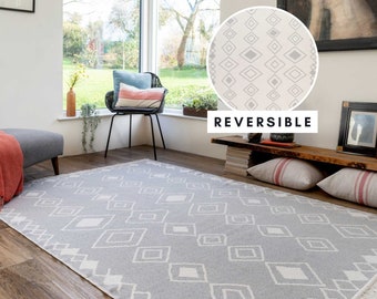 Grauer Teppich aus recycelter Baumwolle Doppel Look Fransen Matt Silber Creme Diamant Geometrisch Schlafzimmer Wohnbereich