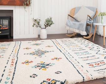 Super Soft Cream Colourful Tribal Berber Shaggy Rug Multicolour Moroccan Aztec Living Room Mat Shaggy Hallway Runner Rugs