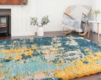 Navy Blue Ochre Shaggy Rug Super Soft Colourful Distressed Abstract Living Area Rugs