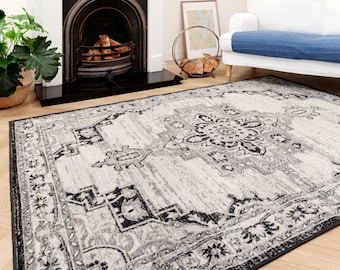 Black Grey Traditional Medallion Area Rug Large Bordered Monochrome Living Room Rugs Zero Pile Bedroom Mat Long Hallway Runner Rug