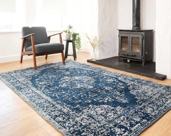 Navy Blue Traditional Medallion Area Rug Blue Grey Distressed Living Room Bedroom Area Rugs Soft Textured Reversible Chenille Mat