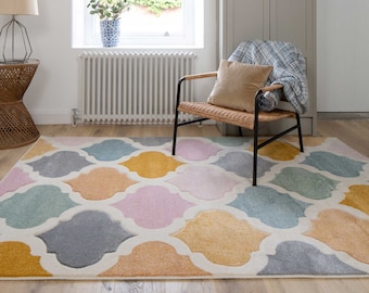 Multicolour Pastel Trellis Rug Large 3D Carved Living Room Mat Fun Geometric Girls Bedroom Rugs Long Hallway Runner