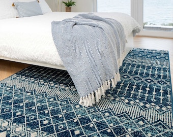 Navy Blue Moroccan Tile Living Area Rug Scandi Geometric Living Room Bedroom Mat Soft Zero Pile Rug