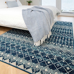 Navy Blue Moroccan Tile Living Area Rug Scandi Geometric Living Room Bedroom Mat Soft Zero Pile Rug