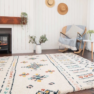 Super Soft Cream Colourful Tribal Berber Shaggy Rug Multicolour Moroccan Aztec Living Room Mat Shaggy Hallway Runner Rugs