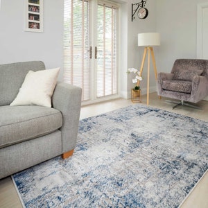 Navy Blue Grey Distressed Area Rug Soft Textured Silver Grey Living Room Bedroom Area Rugs