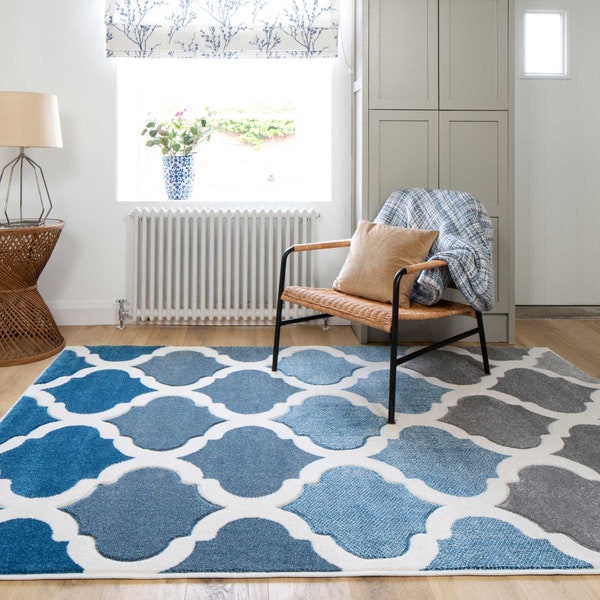 Blue Grey Trellis Living Area Rug Large Navy Blue Bedroom Living Room Mat Long Hallway Runner Rugs