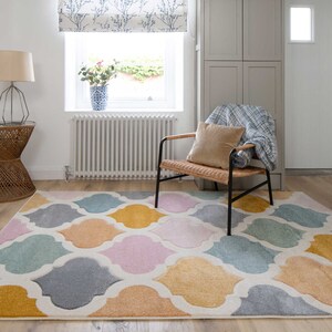 Fun Pastel Multicolour Trellis Rug 3D Carved Super Soft Kids Bedroom ...