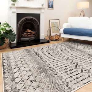 Black Grey Moroccan Tile Living Area Rug Scandi Geometric Living Room Bedroom Mat Soft Zero Pile Rug