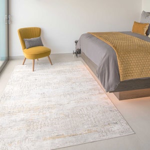 Beige Gold Distressed Area Rug Textured Motif Viscose Living Room Bedroom Mat Hallway Runner Rugs