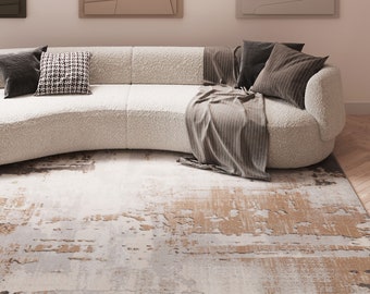 Alfombra abstracta desgastada en color Beige y dorado para sala de estar, alfombra para sala de estar con textura metálica, color gris neutro, alfombras para pasillo