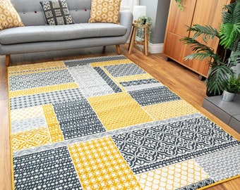 Gelb Grau Patchwork Teppich Weich Wert Blumen Wohnzimmer Schlafzimmer Matte Eingang Flur Läufer