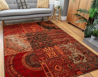 Rot Braun Patchwork Teppich Weich Floral Wohnzimmer Schlafzimmer Teppich Läufer