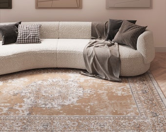 Alfombra tradicional beige desgastada para sala de estar, alfombra texturizada para sala de estar con borde de medallón floral, color gris neutro