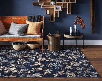 Marine-Blau-Gold Floral Bereich Teppich Weicher Wert Wohnzimmer Schlafzimmer Matte