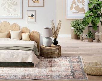 Tappeto da soggiorno con bordi tradizionali beige multicolore. Tappeto da soggiorno antiscivolo lavabile in stile boho persiano floreale beige verde acqua terra
