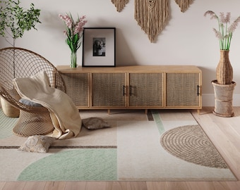 Natural Beige Sage Green Art Deco Area Rug Soft Value Geometric Wabi Sabi Living Room Bedroom Mat