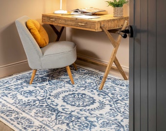 Blue Oriental Floral Rug Non Slip Machine Washable Bedroom Living Area Mat Hallway Runner Rug